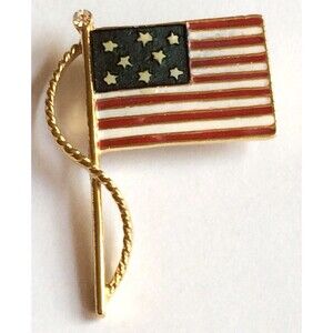 Vintage USA American Flag Brooch Pin Crystal Enamel Patriotic July 4 Gold Tone